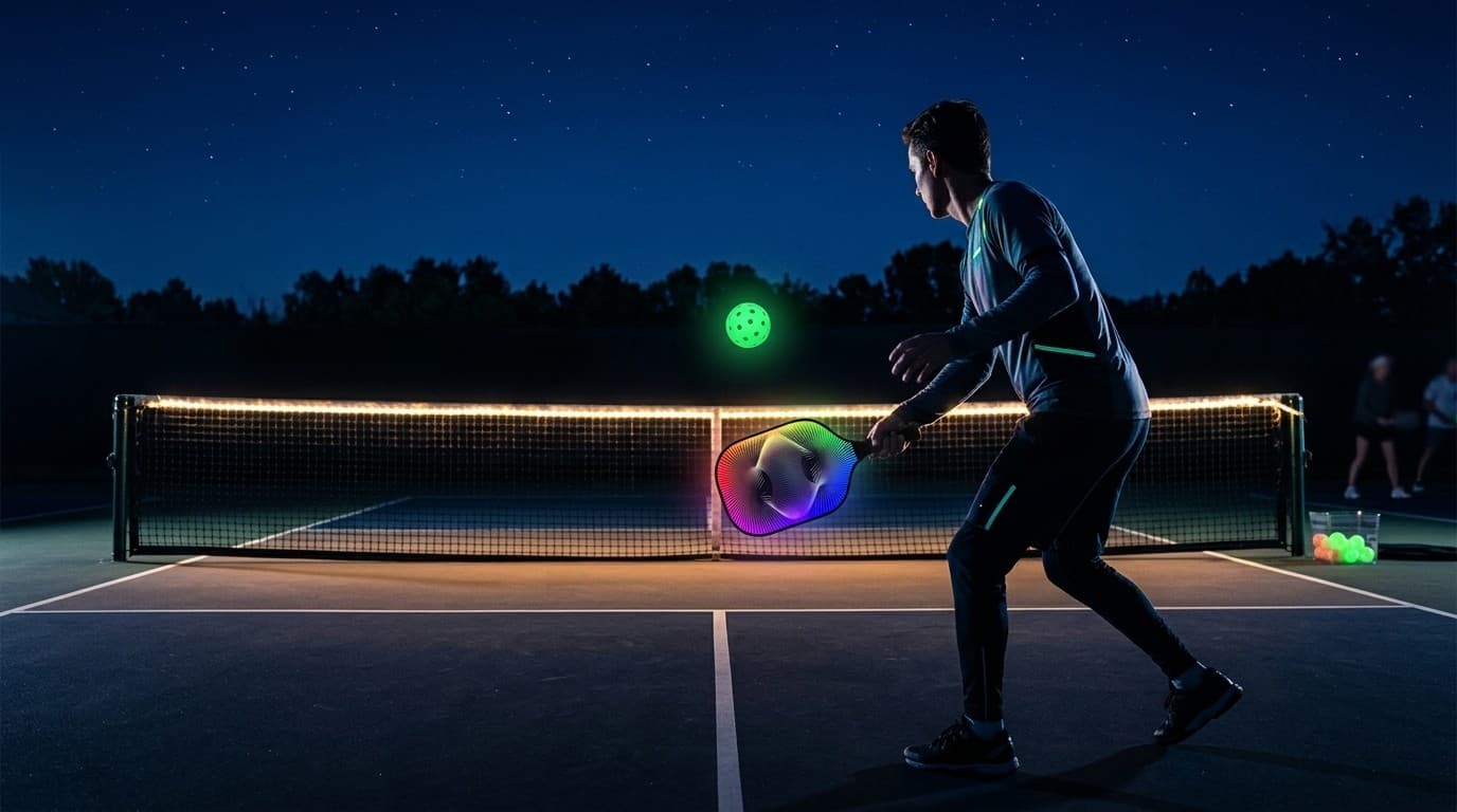 Player at the net on a dark pickleball court with a glowing ball in the air and LED-lit net