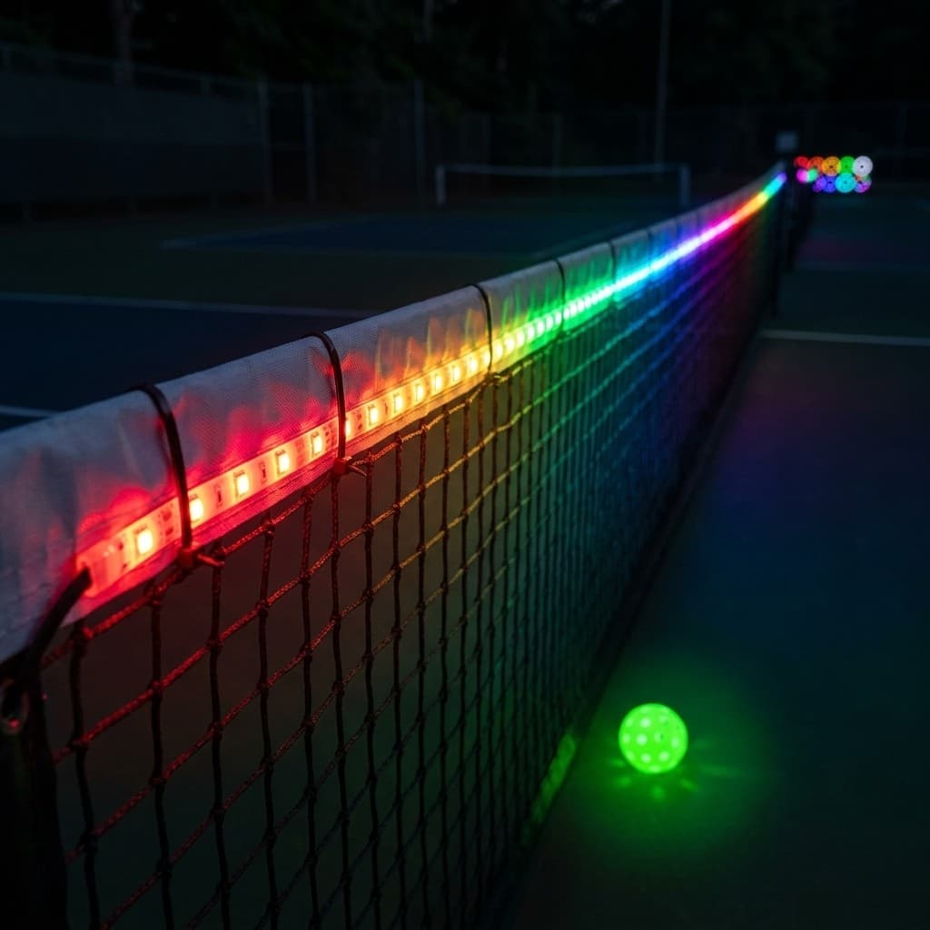 Rainbow LED light strip running along a pickleball net