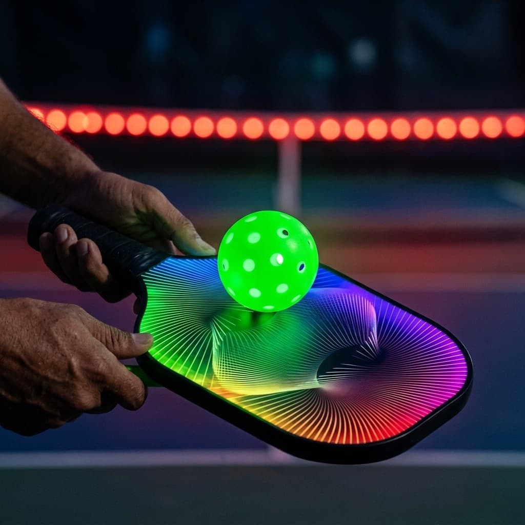 Close-up of hands holding the lit LED paddle with a glow ball