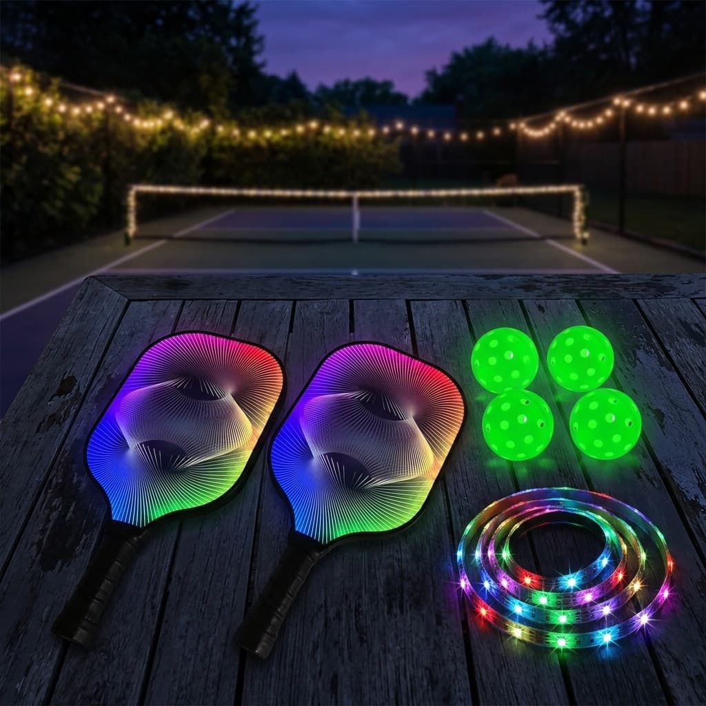 Flat-lay of the full After Hours Glow Kit on a patio table at dusk